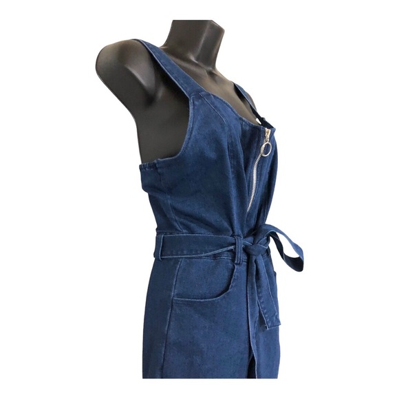 Dark wash Denim zip front belted cuff leg jeans jumpsuit size large brand new - Picture 7 of 12